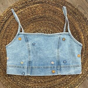 Ban•Jara Denim Cropped Tank with Embroidered Flowers Small